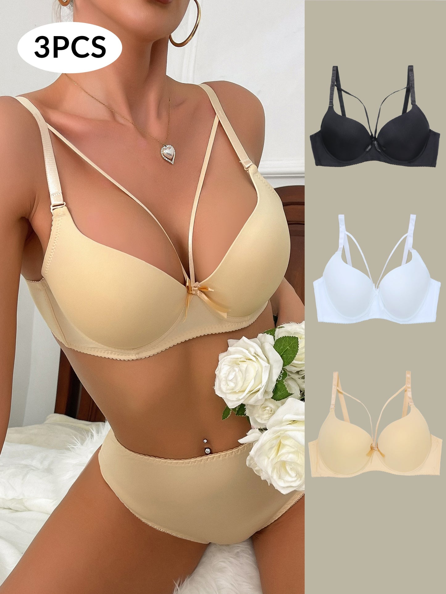 3pcs Women's Simple Solid Seamless Bow Strappy Push Up Underwire Bra - Comfy & Breathable
