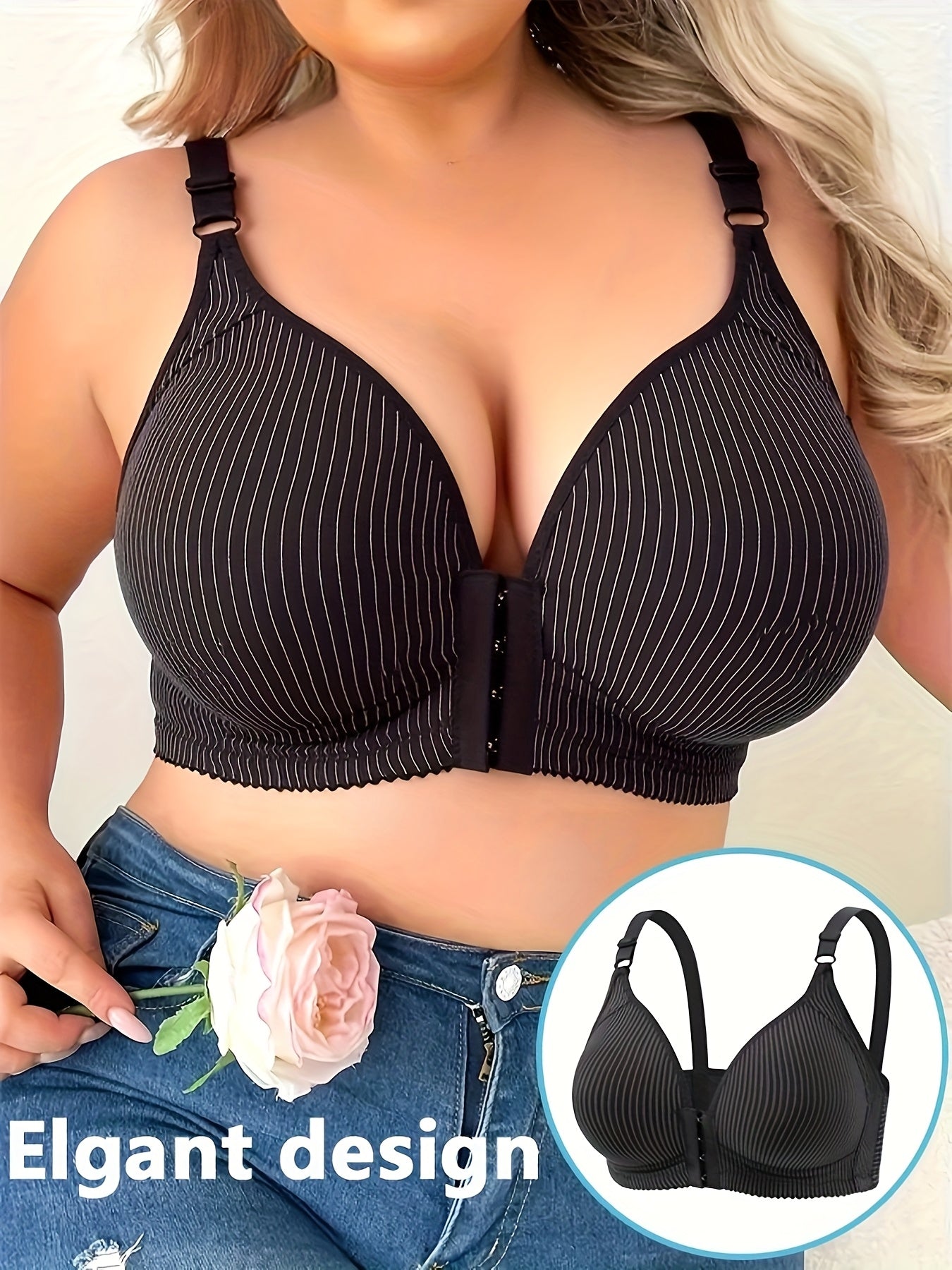 5pcs Women's Front Button Push-Up Bras: Seamless Striped, Medium Support & Plus Size