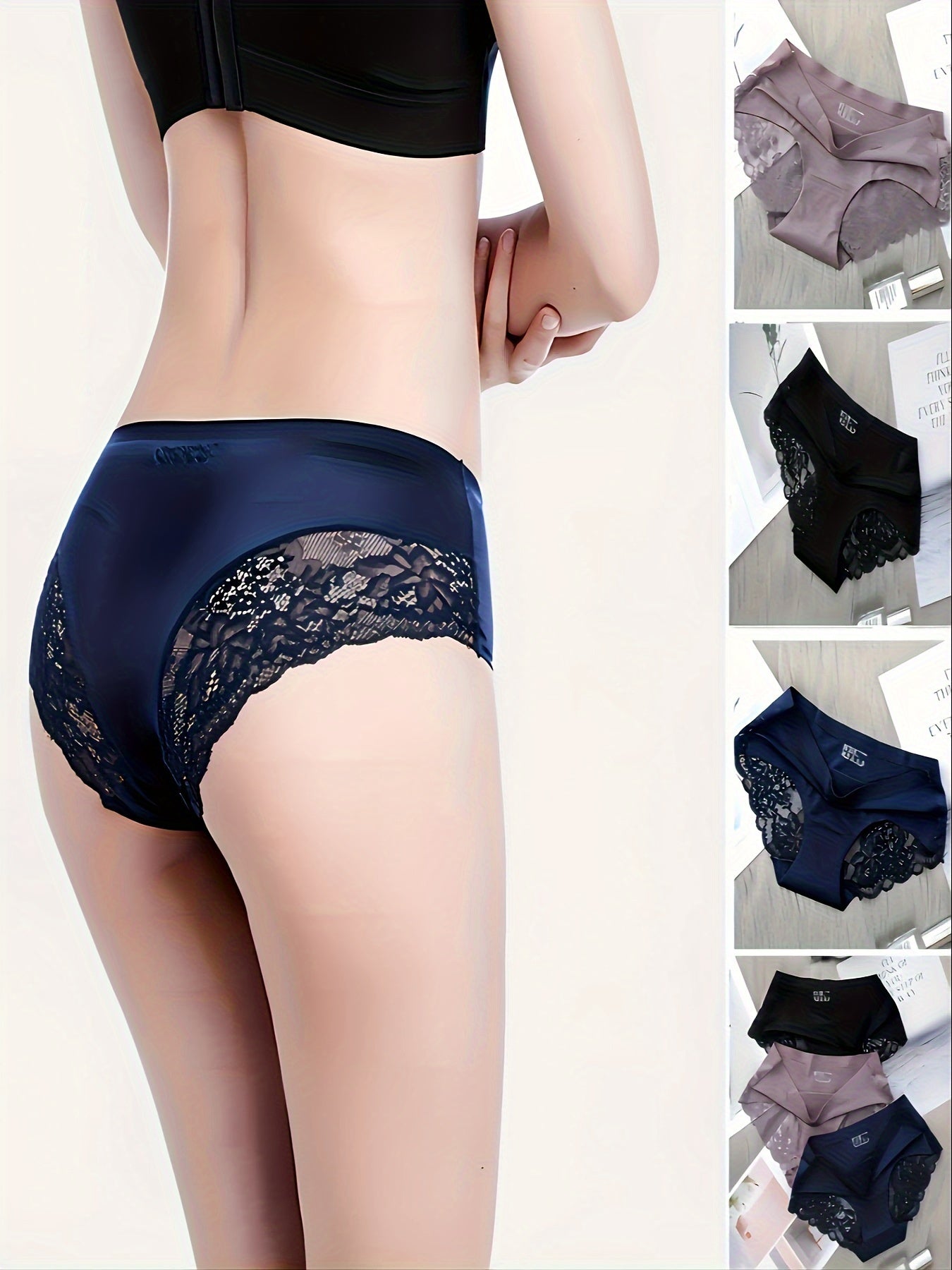 (3 Pack) Sexy European and American Pearlescent Fabric Lace Hip Lifting Underwear, Ice Silk, Mid Waist, Traceless, Ultra thin, Large Size, Breathable