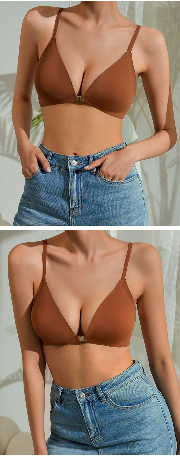 Women's Magnetic Front Closure Push-Up Bra: Seamless Deep V, Wireless, Lightweight