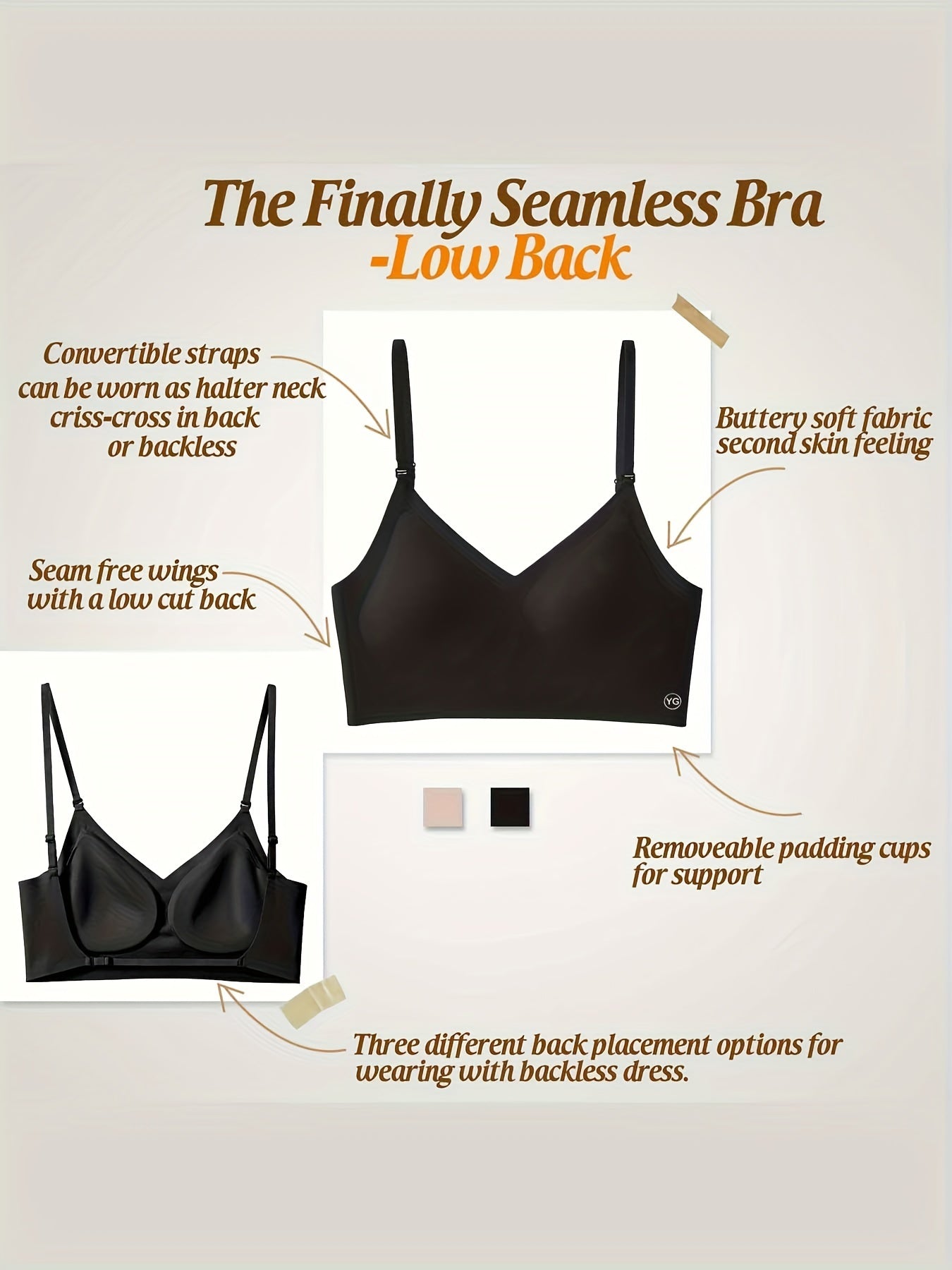 Womens Seamless V-Neck Wireless Sports Bra - Ultra Low-Back Design, Adjustable Fit, Removable Chest Pad, Breathable Medium Stretch Nylon Fabric, Backless, Solid Color, No Printing - Perfect for Active Women - Irene's Secret
