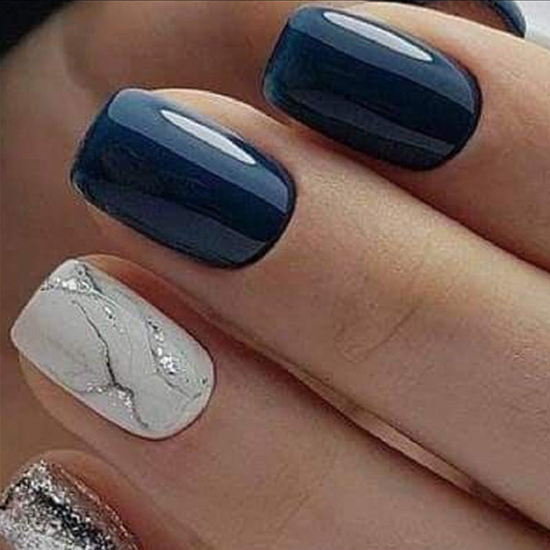 96PCS 4 PACK Blue Marble Short Length Glossy Finish Square Press-On Nails with Durable Fake Nails Marble Pattern & Sparkle Accents
