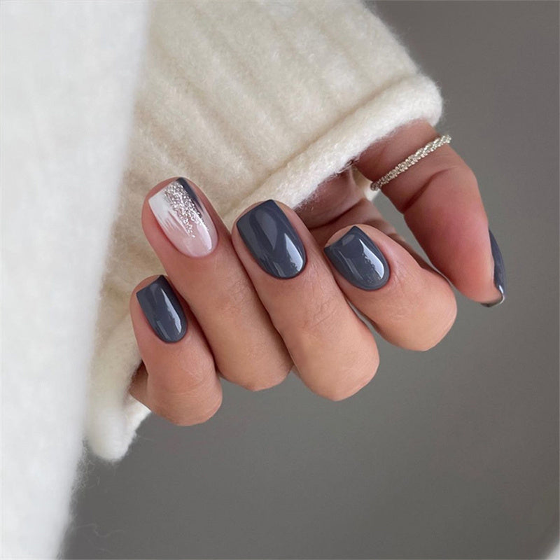 96PCS 4 PACK Blue Marble Short Length Glossy Finish Square Press-On Nails with Durable Fake Nails Marble Pattern & Sparkle Accents