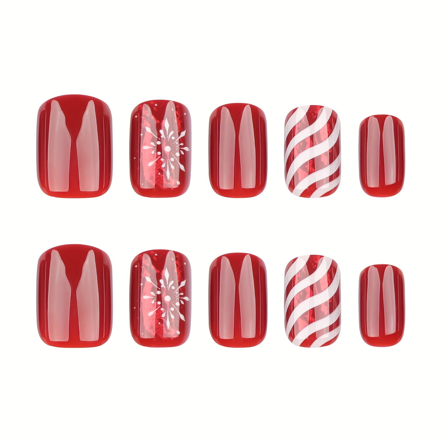 Christmas Candy Stripe & Snowflake Press-on Nails - 24 Piece Set, Short, Glossy, Mixed Red Tones