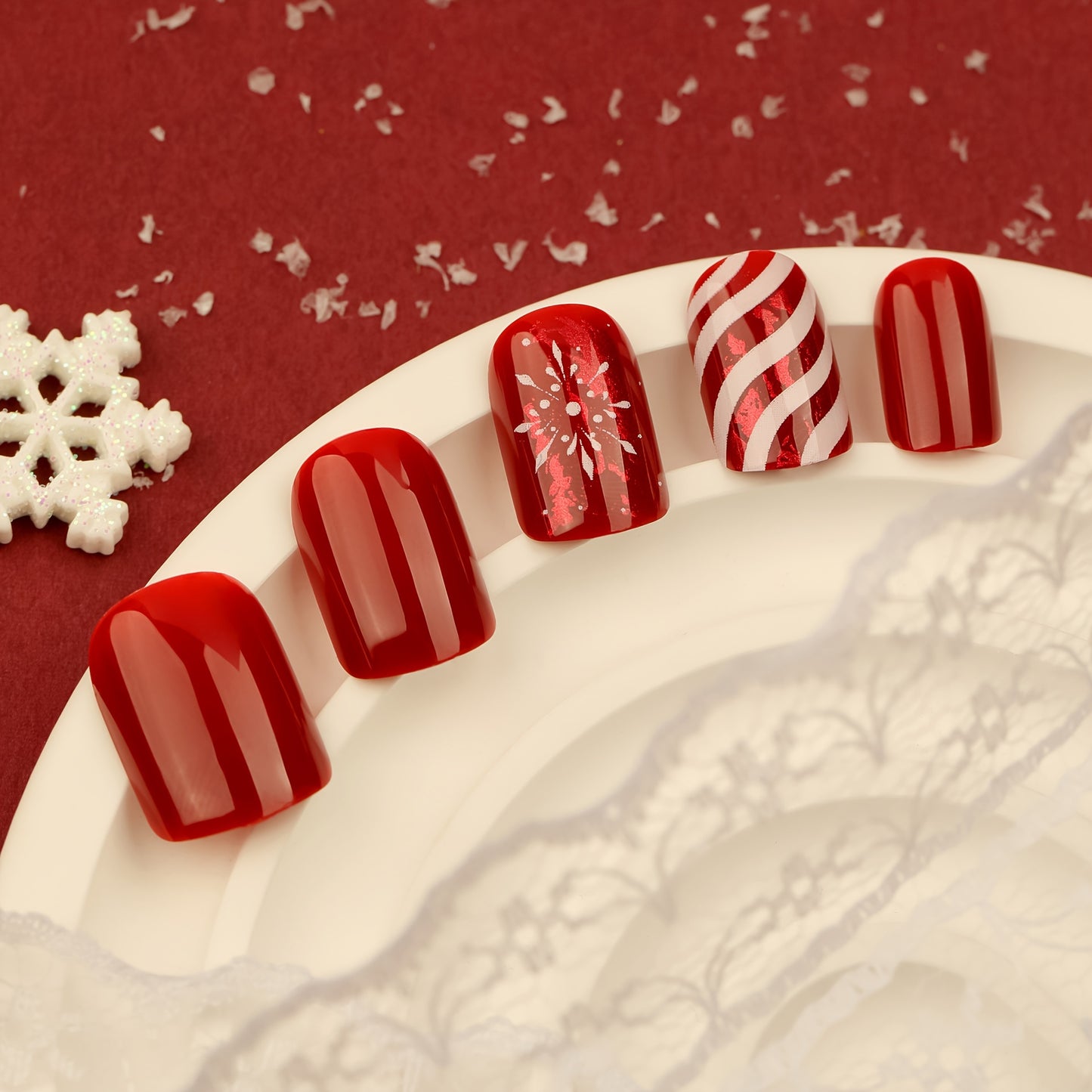 Christmas Candy Stripe & Snowflake Press-on Nails - 24 Piece Set, Short, Glossy, Mixed Red Tones