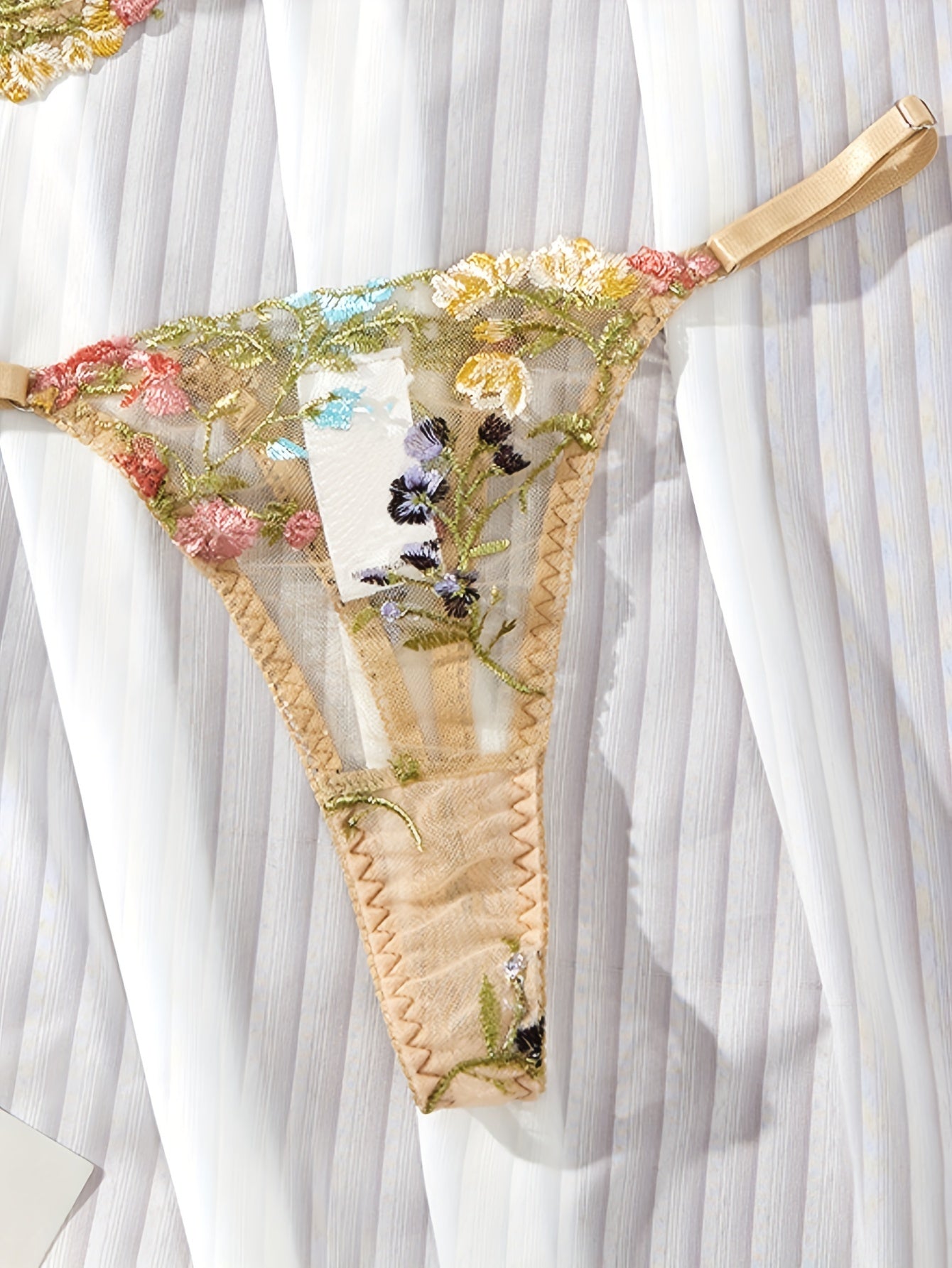 Floral Embroidery Lingerie Set - Sexy Sheer Unlined Bra & Mesh Thong for Women