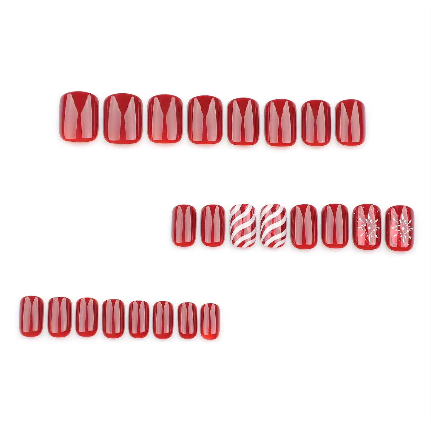 Christmas Candy Stripe & Snowflake Press-on Nails - 24 Piece Set, Short, Glossy, Mixed Red Tones
