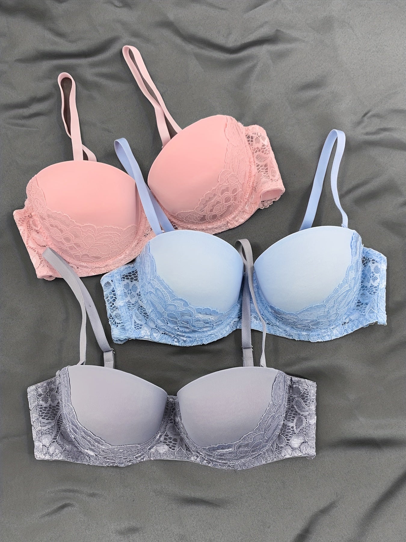 3pcs Push Up Lace Balconette Bra - Anti-Sagging, Everyday Lingerie for Women