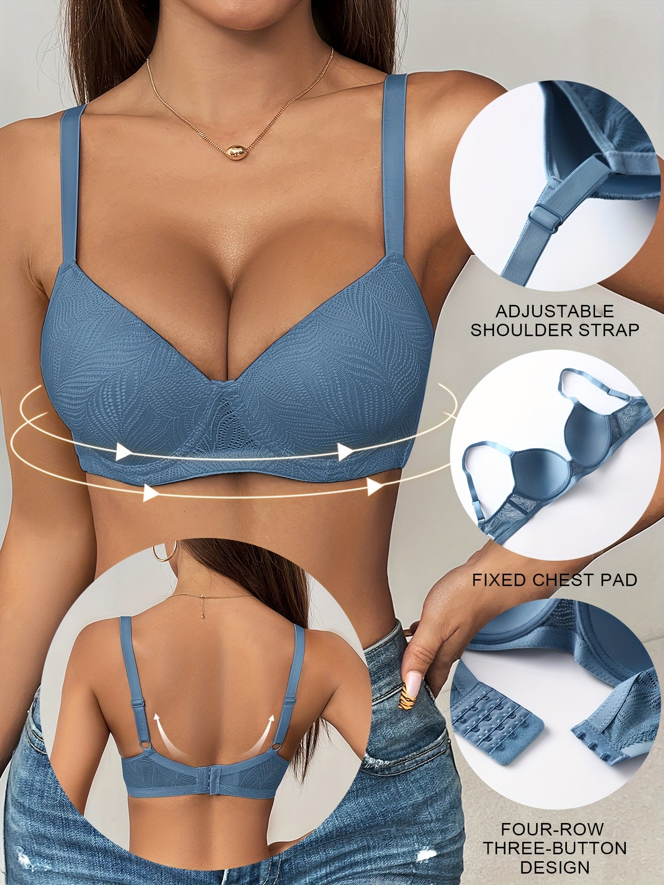 6pcs Solid Jacquard Underwire Push Up Bra - Women's Comfy, Breathable Lingerie with Adjustable Straps