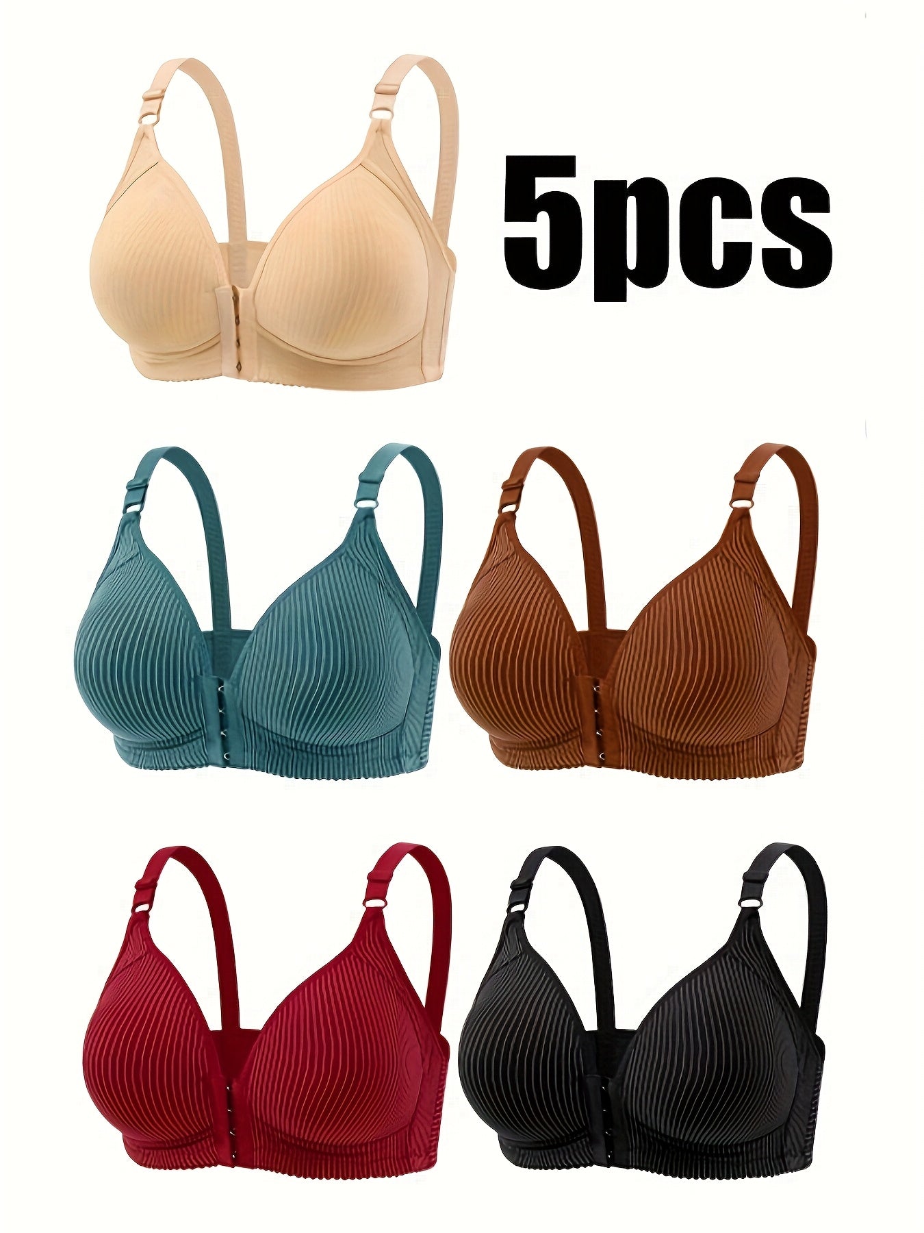 5pcs Women's Front Button Push-Up Bras: Seamless Striped, Medium Support & Plus Size