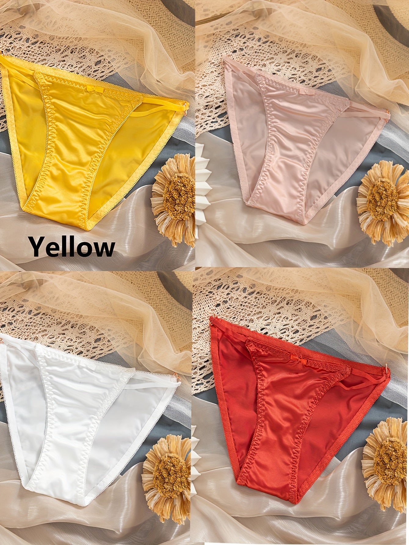 4 Stück solide Satin-Slips – sexy Damen-Dessous mit niedriger Taille und Herzring