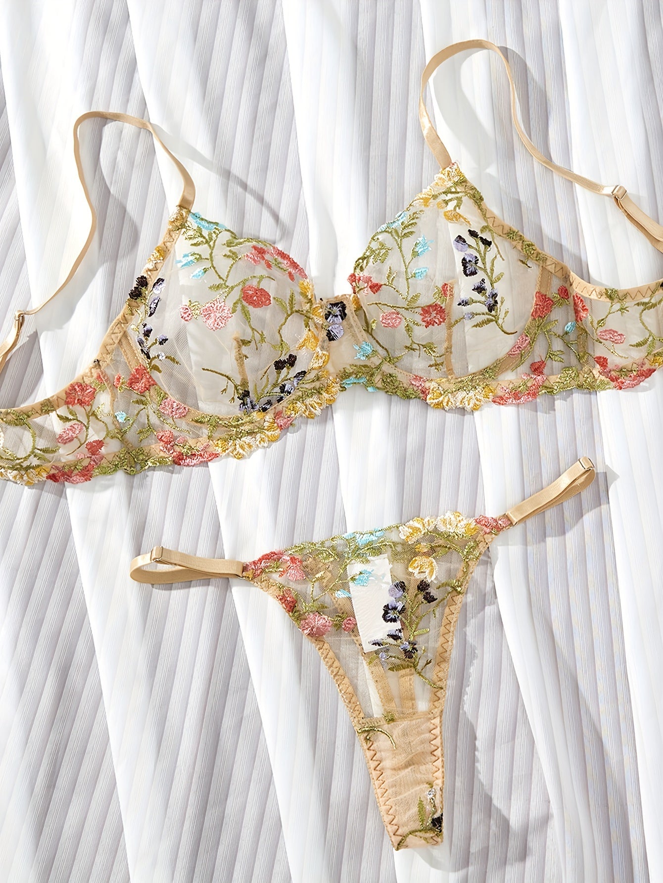 Floral Embroidery Lingerie Set - Sexy Sheer Unlined Bra & Mesh Thong for Women