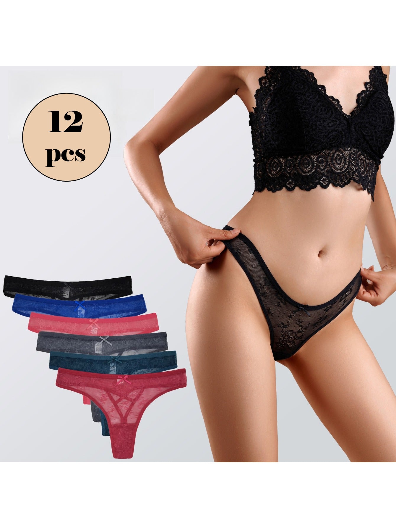 12pcs Women's Lace Thongs: Seamless, No-Show, Sheer Mesh, Multi-Color