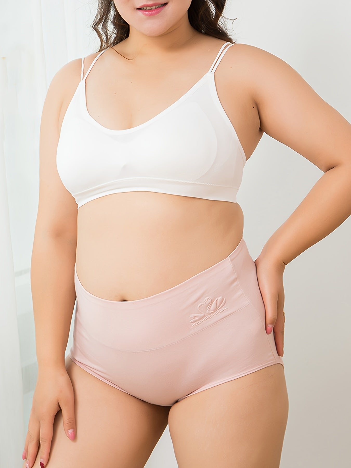 4-teiliges Damen-Höschen in Übergröße, nahtlos, hohe Taille, Bauchkontrolle, elegantes Schwanenmuster