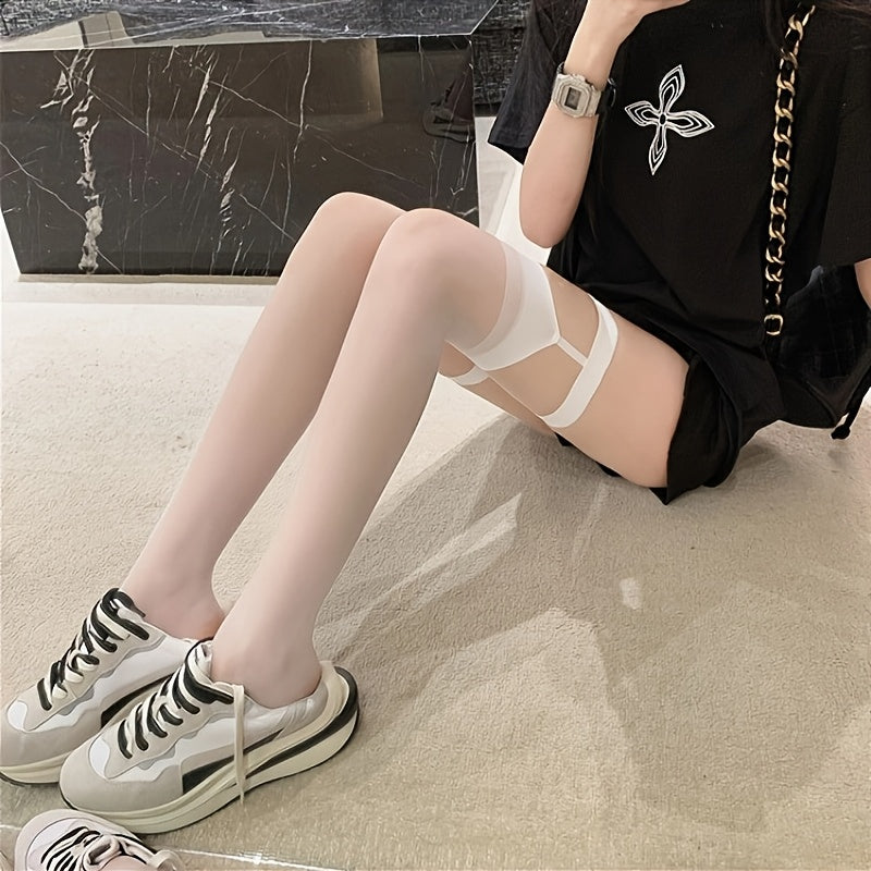 1 Pair Elegant Black Sheer Thigh-High Stockings for Women - Glossy Finish, Summer Lightweight, Chic Leg Rings