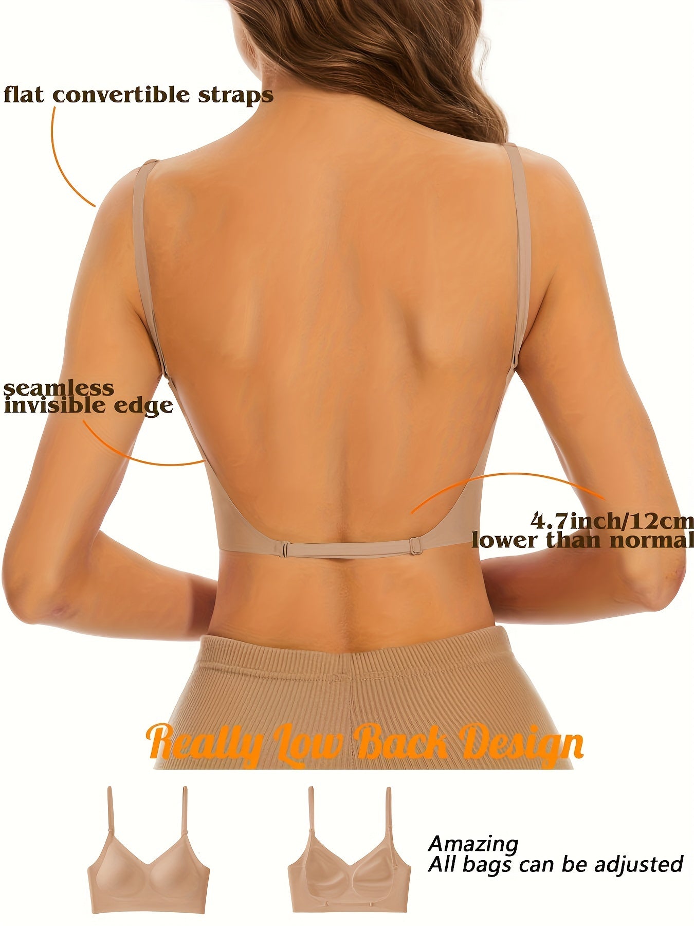 Bügelloser Sport-BH für Damen mit flachen, wandelbaren Trägern, nahtloser, unsichtbarer Kante und ultra-tiefer Rückenpartie, verstellbare Passform