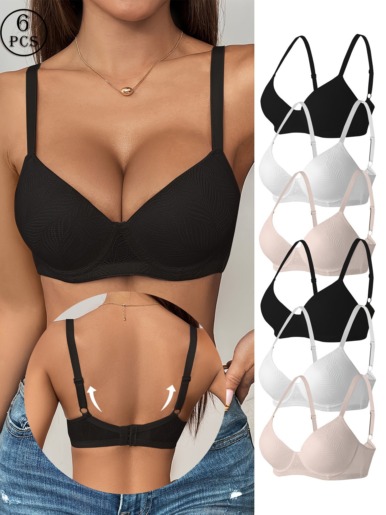 6pcs Solid Jacquard Underwire Push Up Bra - Women's Comfy, Breathable Lingerie with Adjustable Straps