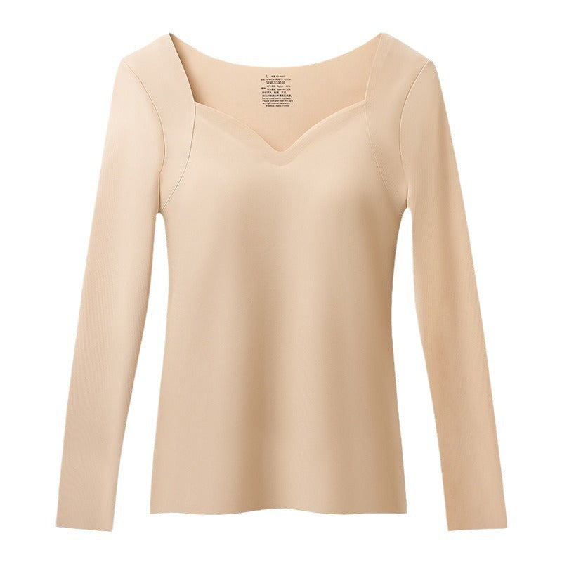 Women's Seamless Skin-Tone Thermal Top with Built-in Bra, Ultra-Thin Low Round Neck