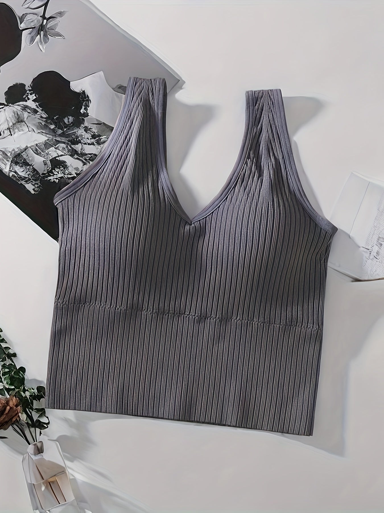 Girl's Ribbed High Elasticity Bra Tank Top, With A V-neck Design, Stylish And Comfortable Without Steel Ring, Suitable For Ages 11-15.