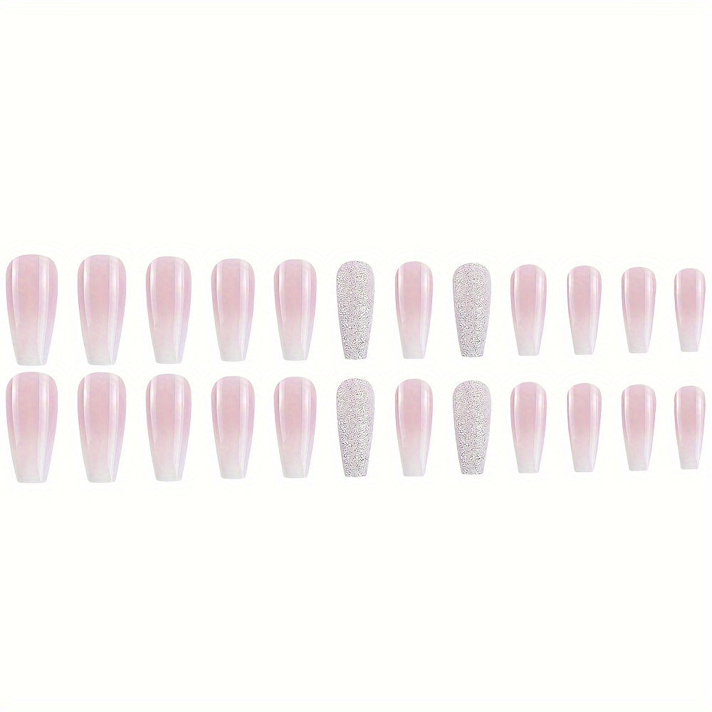 24 Pcs Glossy Long Coffin Press-On Nails - Gradient Pinkish & White French Style, Glitter, Reusable