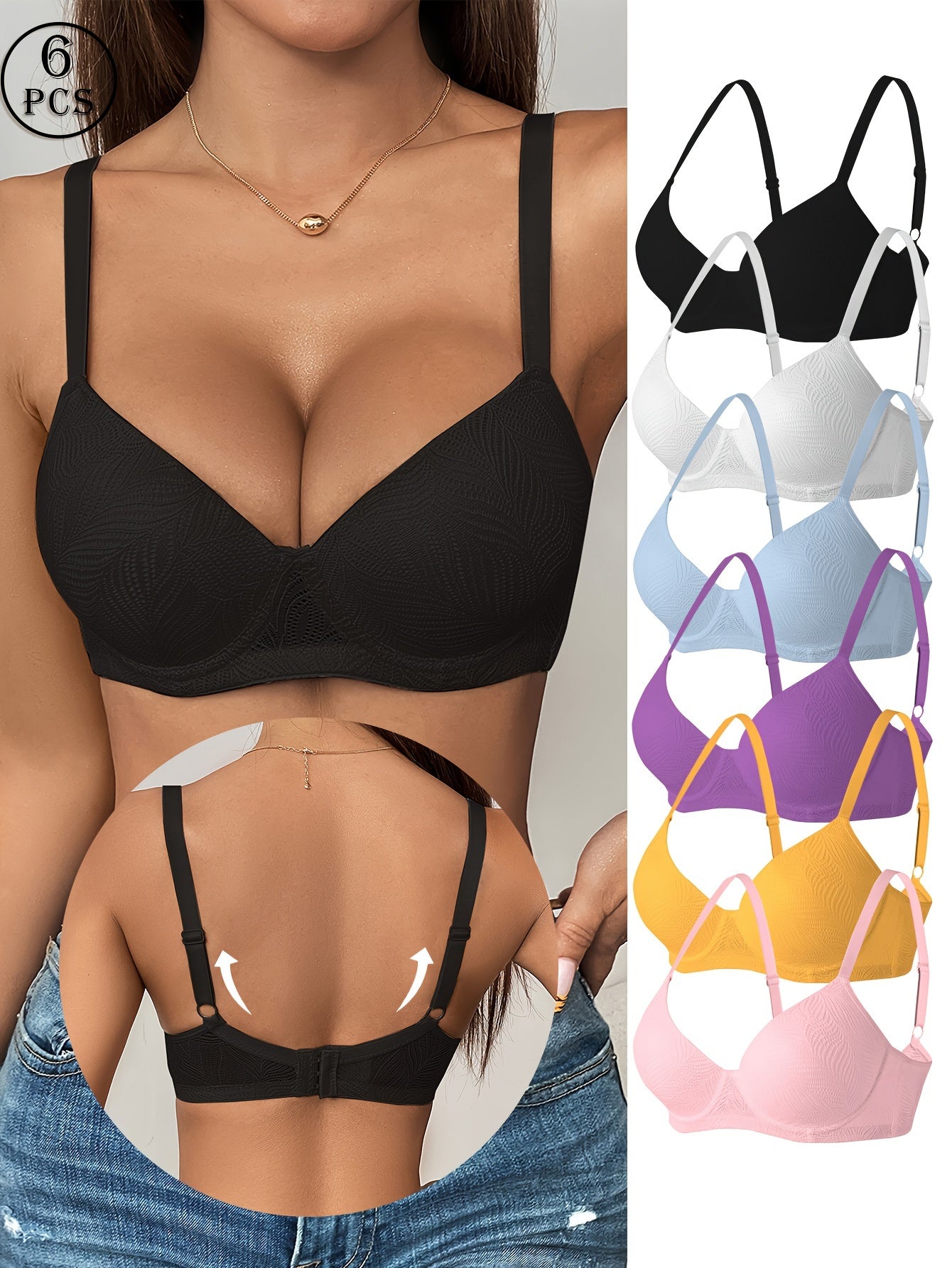 6pcs Solid Jacquard Underwire Push Up Bra - Women's Comfy, Breathable Lingerie with Adjustable Straps