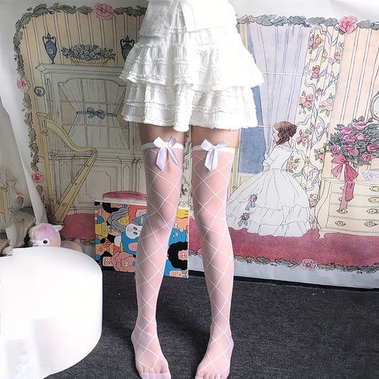 1 Pair Women's White Bow-Knot Over-the-Knee Stockings - Summer Thin Knit, Nylon/Spandex