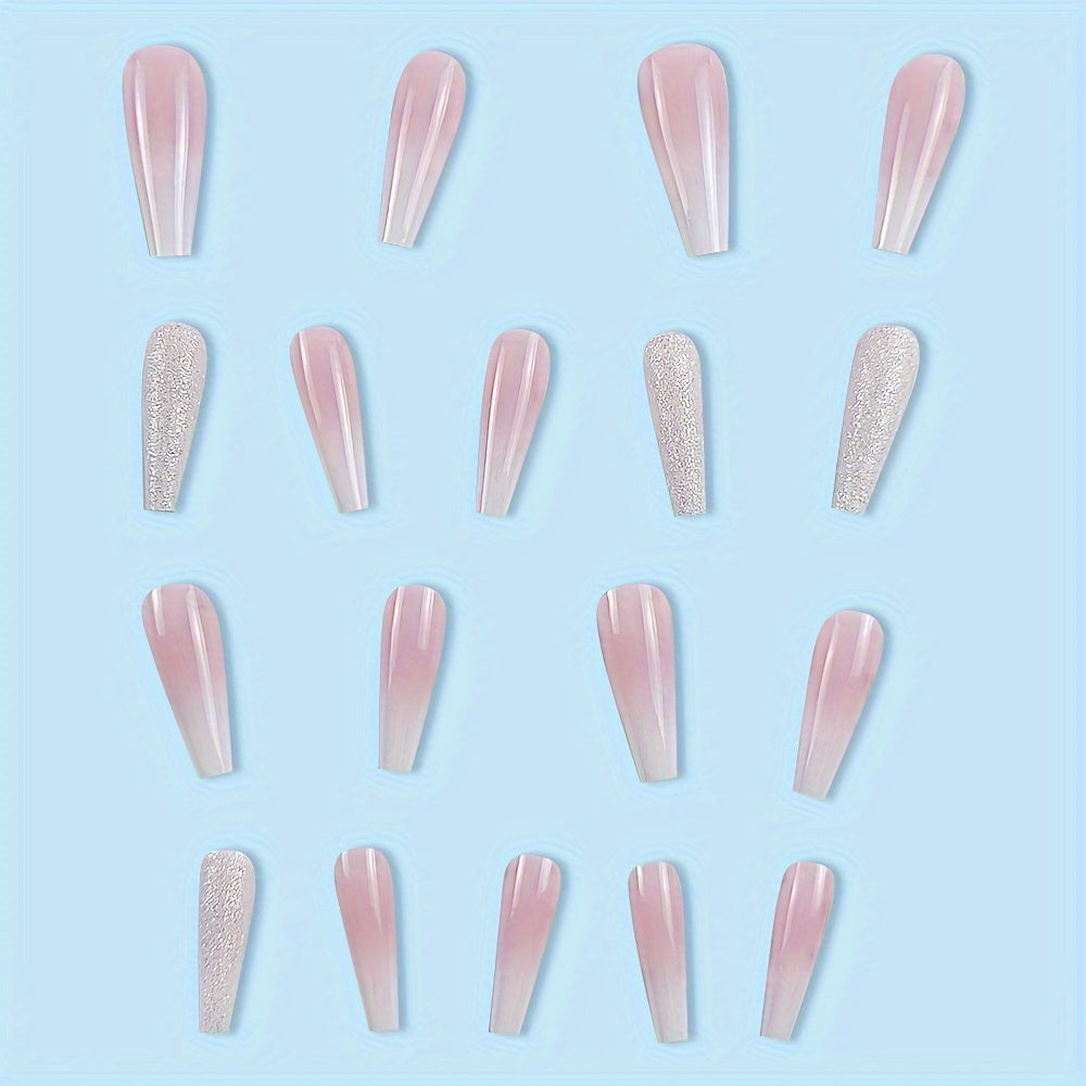 24 Pcs Glossy Long Coffin Press-On Nails - Gradient Pinkish & White French Style, Glitter, Reusable