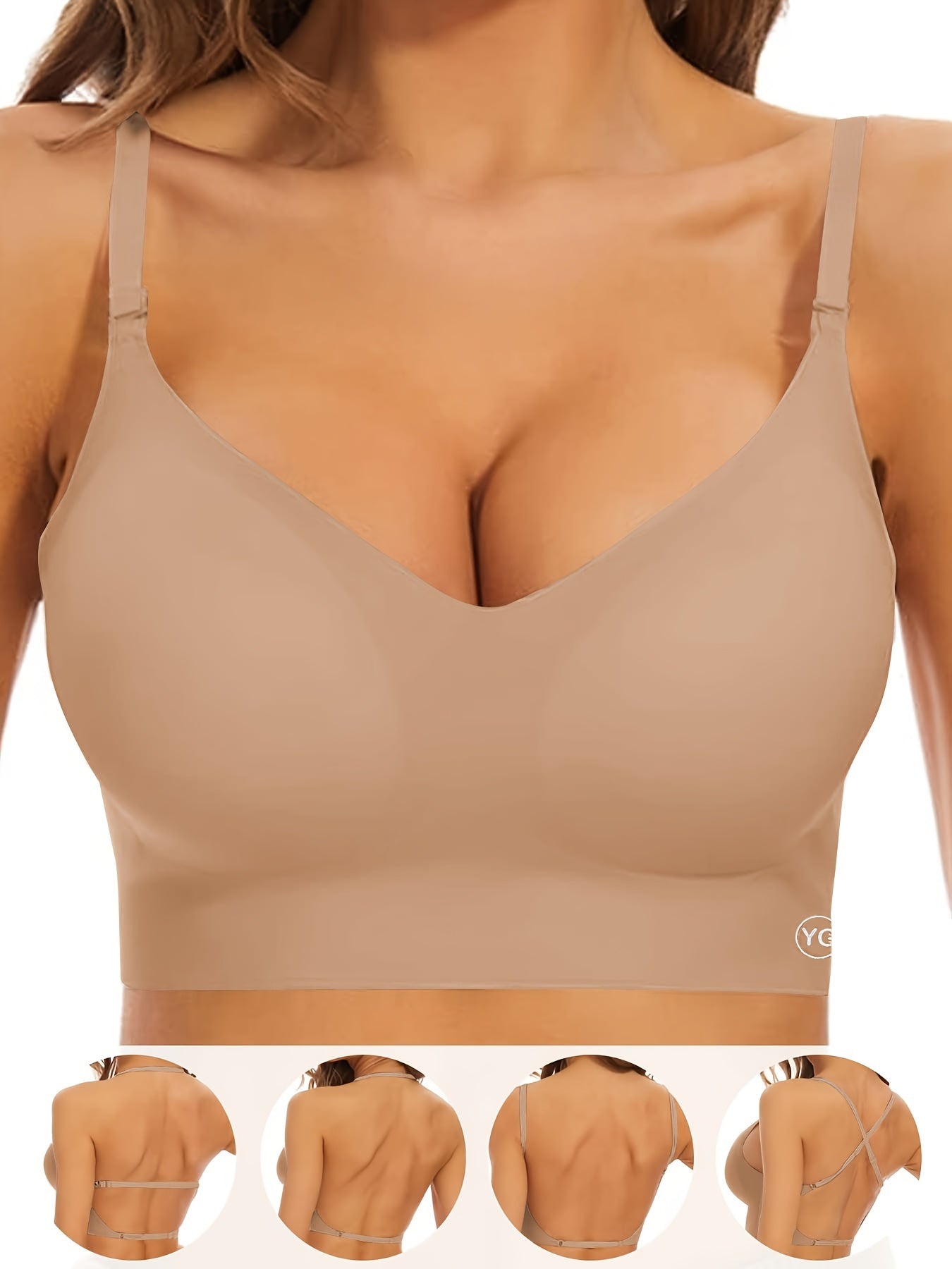 Womens Seamless V-Neck Wireless Sports Bra - Ultra Low-Back Design, Adjustable Fit, Removable Chest Pad, Breathable Medium Stretch Nylon Fabric, Backless, Solid Color, No Printing - Perfect for Active Women - Irene's Secret
