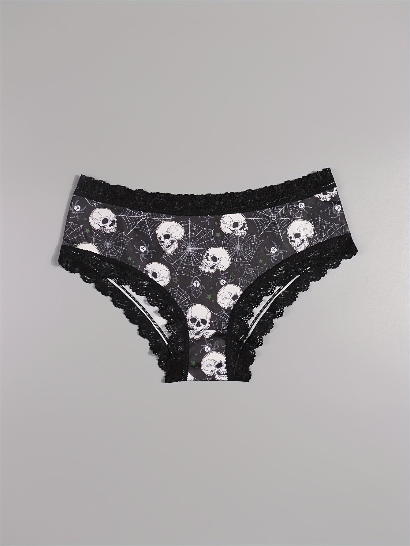 10pcs Women's Gothic Chic Low-Rise Bikini Panties - Sexy Lace Trim, Skull & Star Prints, Comfortable Hipster
