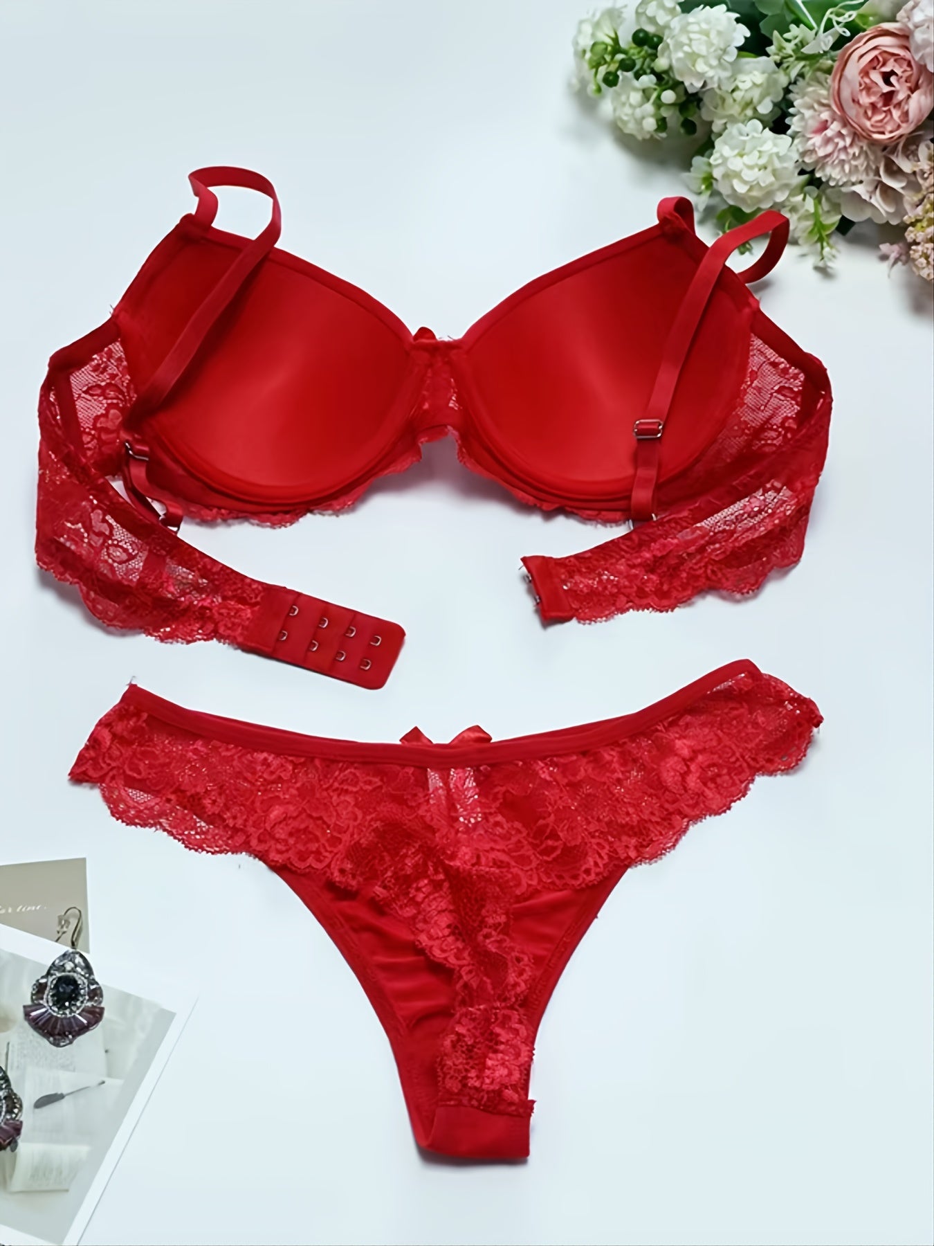 Women's 2 Piece Sexy Mesh Bralette Bra And Thongs Lingerie Set