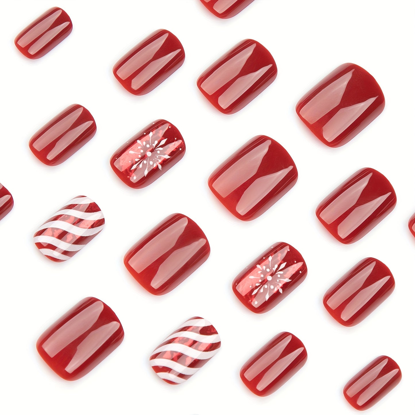 Christmas Candy Stripe & Snowflake Press-on Nails - 24 Piece Set, Short, Glossy, Mixed Red Tones