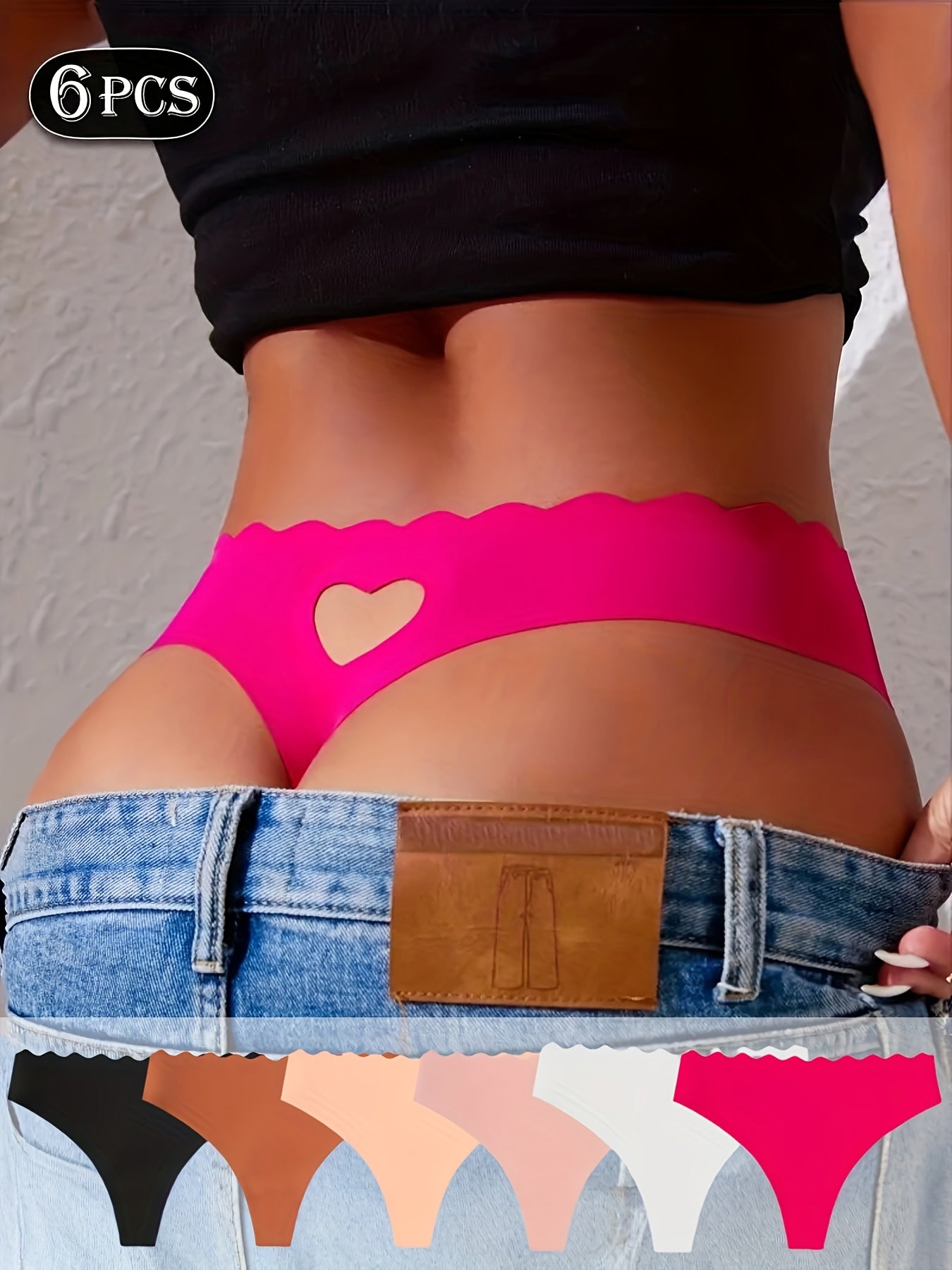 6-Pack Women's Low Waist Thong: Seamless, Heart Design with Wavy Edges