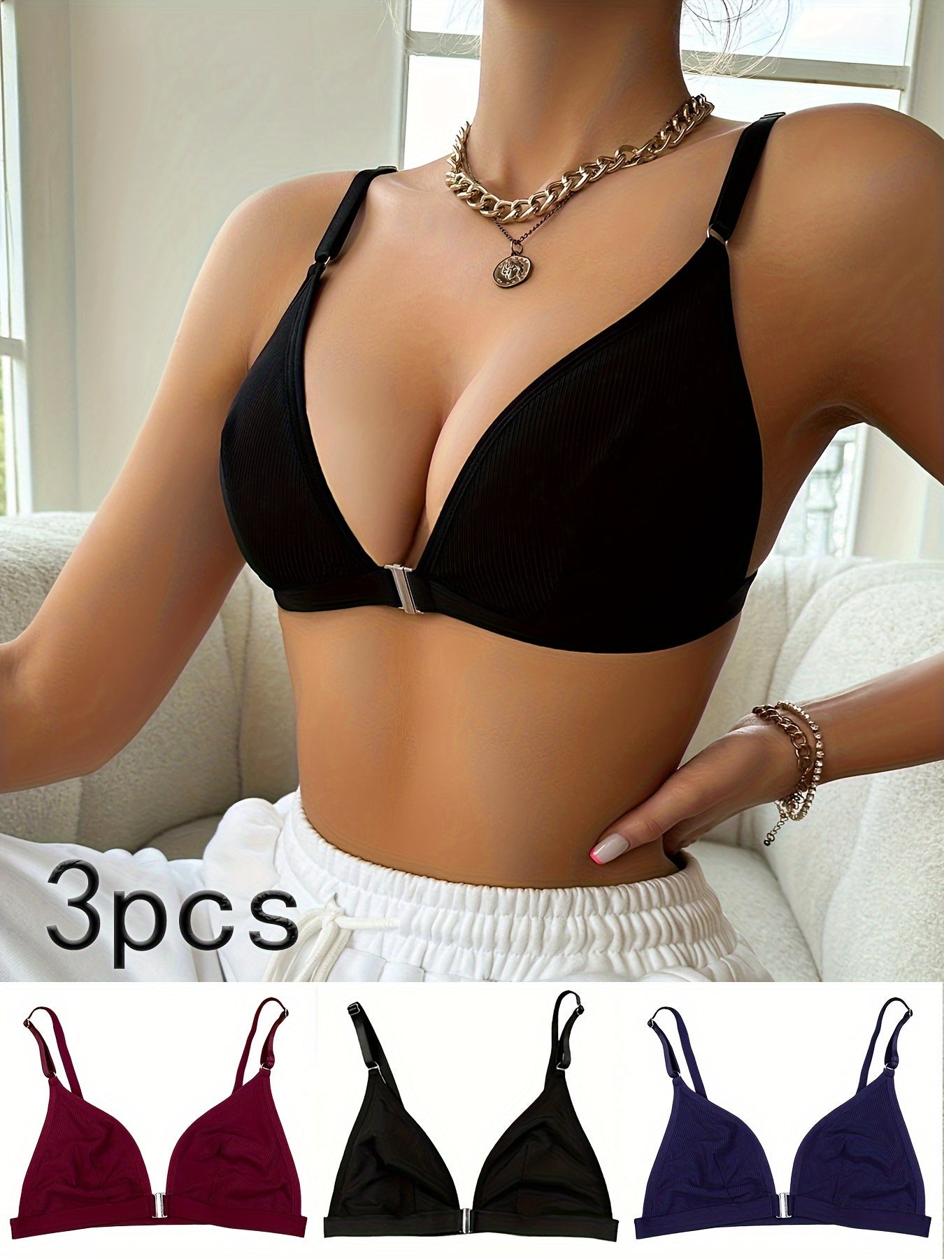 3-teiliger, fester Frontverschluss, kabellos, Cami-Push-Up-BH – bequeme, elegante Damenunterwäsche