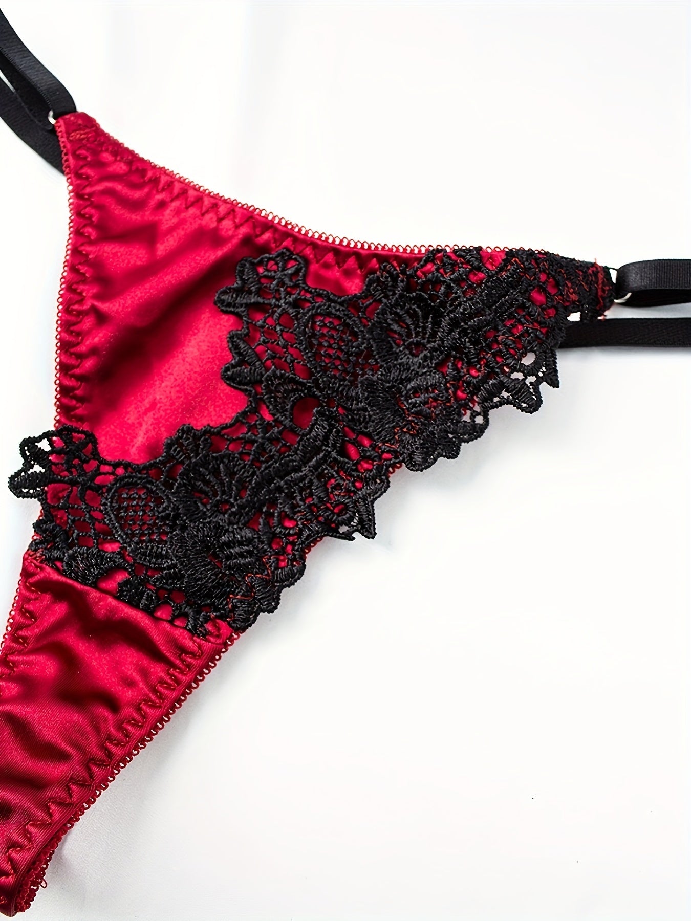 Sexy Satin Bra & Panty Set with Floral Embroidery, Push Up, Thong & Garter Belts - Women's Lingerie