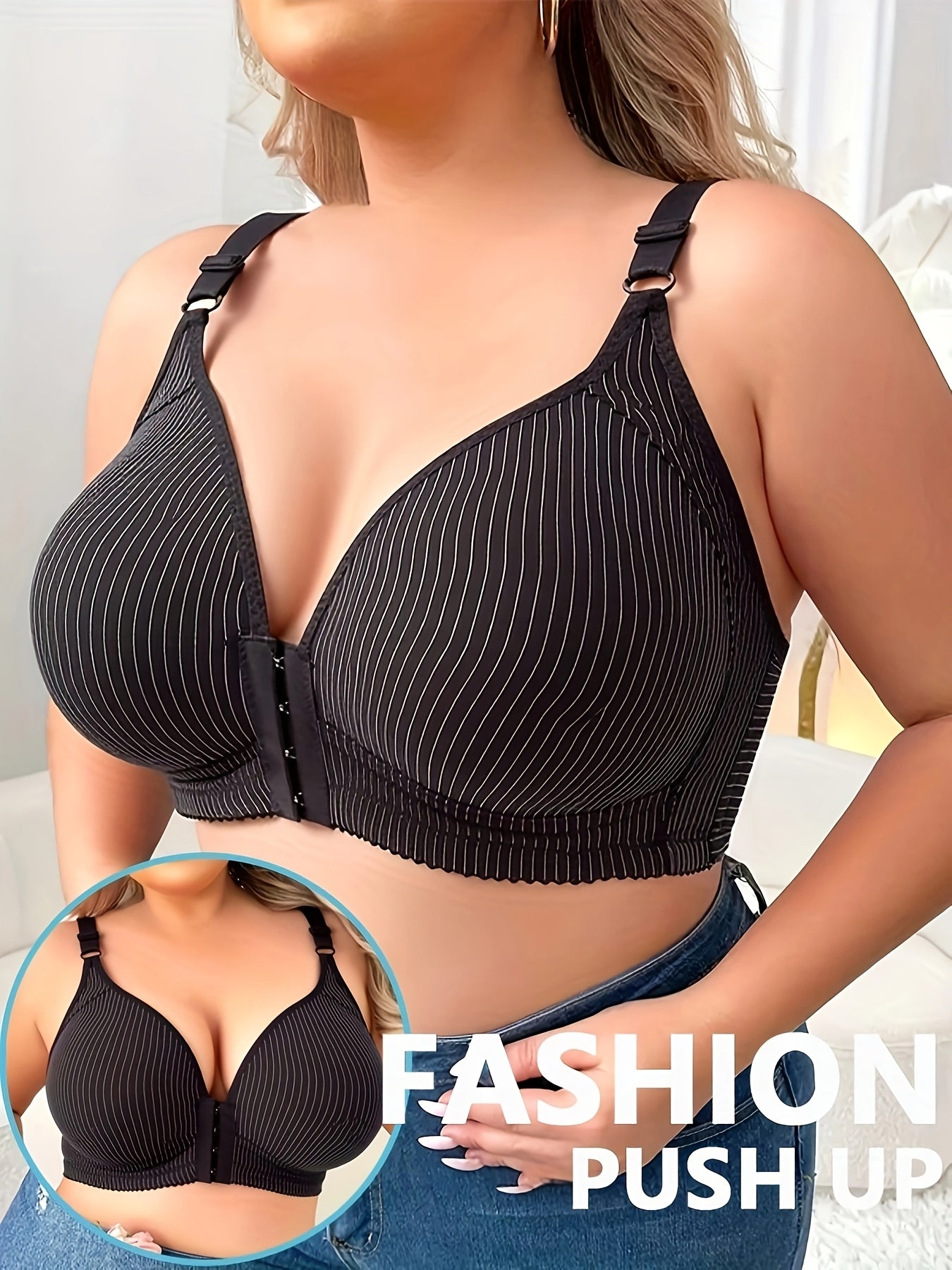 5pcs Women's Front Button Push-Up Bras: Seamless Striped, Medium Support & Plus Size