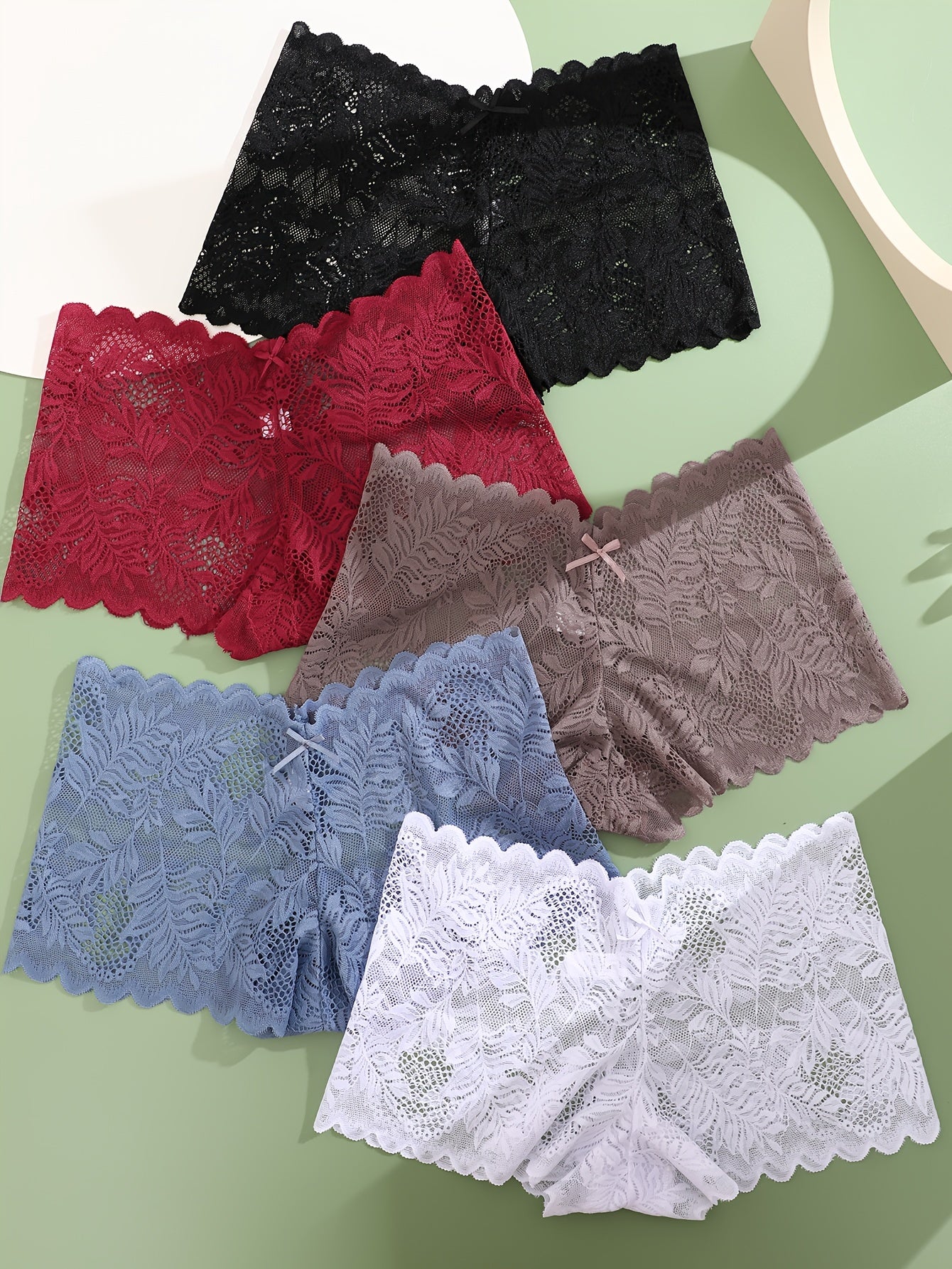 2025 5pcs Floral Lace Boyshort Panties - Thin Semi-Sheer Wave Trim for Women's Lingerie & Underwear