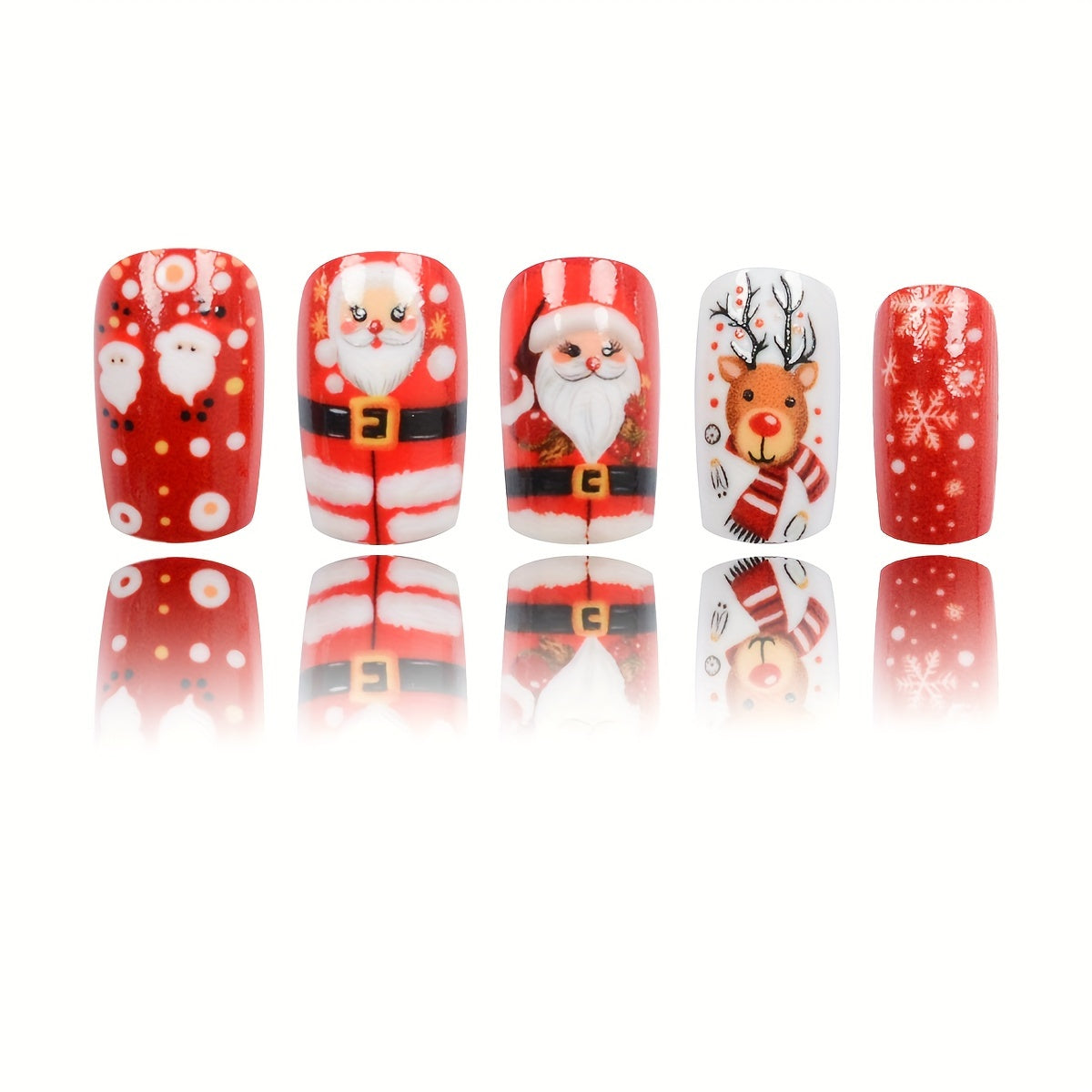 24-Piece Christmas Themed Press-On Nails Set – Middle-Length Square Shaped with Cartoon Santa & Reindeer Designs, Mixed Color System, Glossy Finish – Includes Jelly Glue & Nail File for Parties and Daily Use