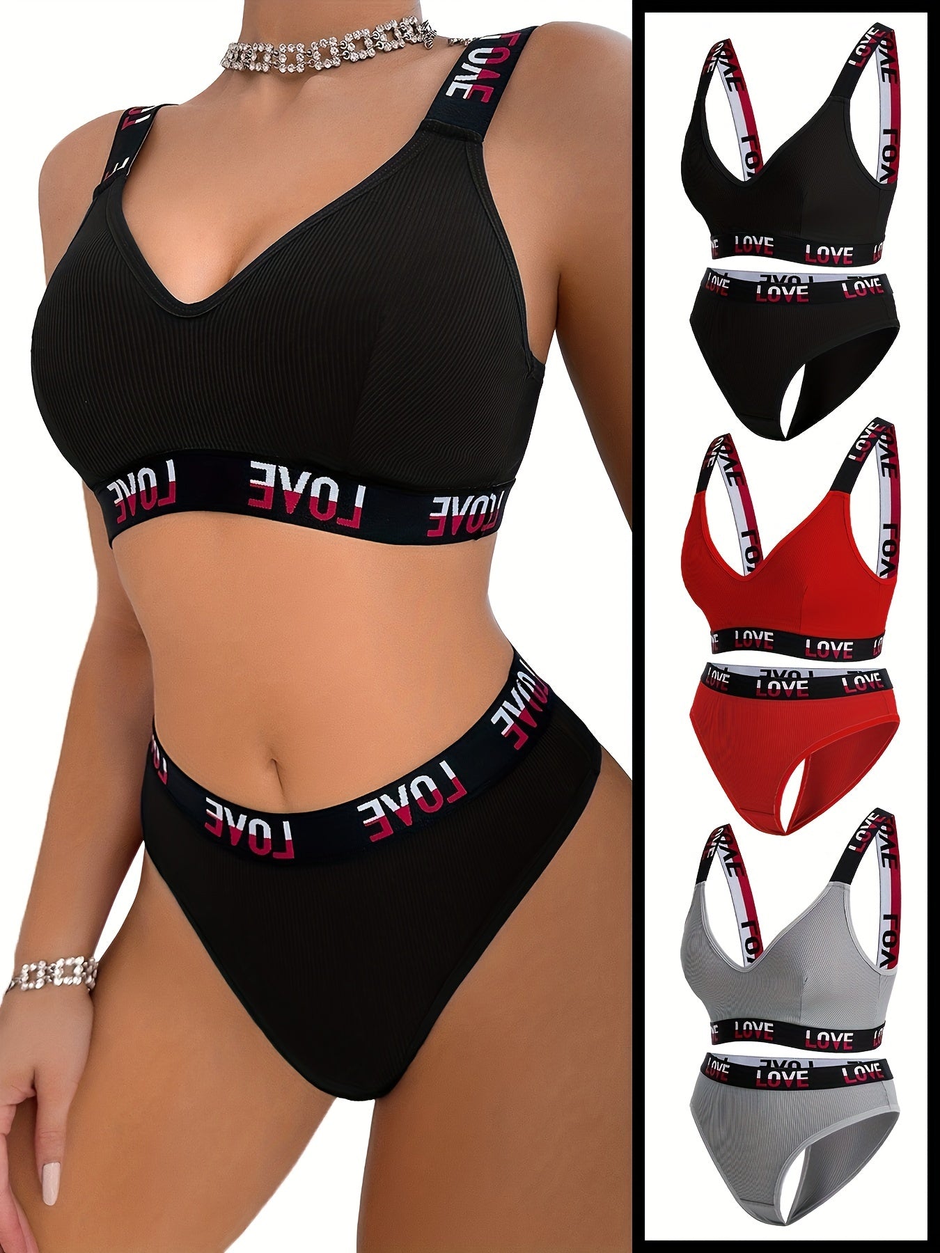 Letter Tape Ribbed Bra & Panties, Sports Bra & Elastic Panties Lingerie Set, Women's Lingerie & Underwear