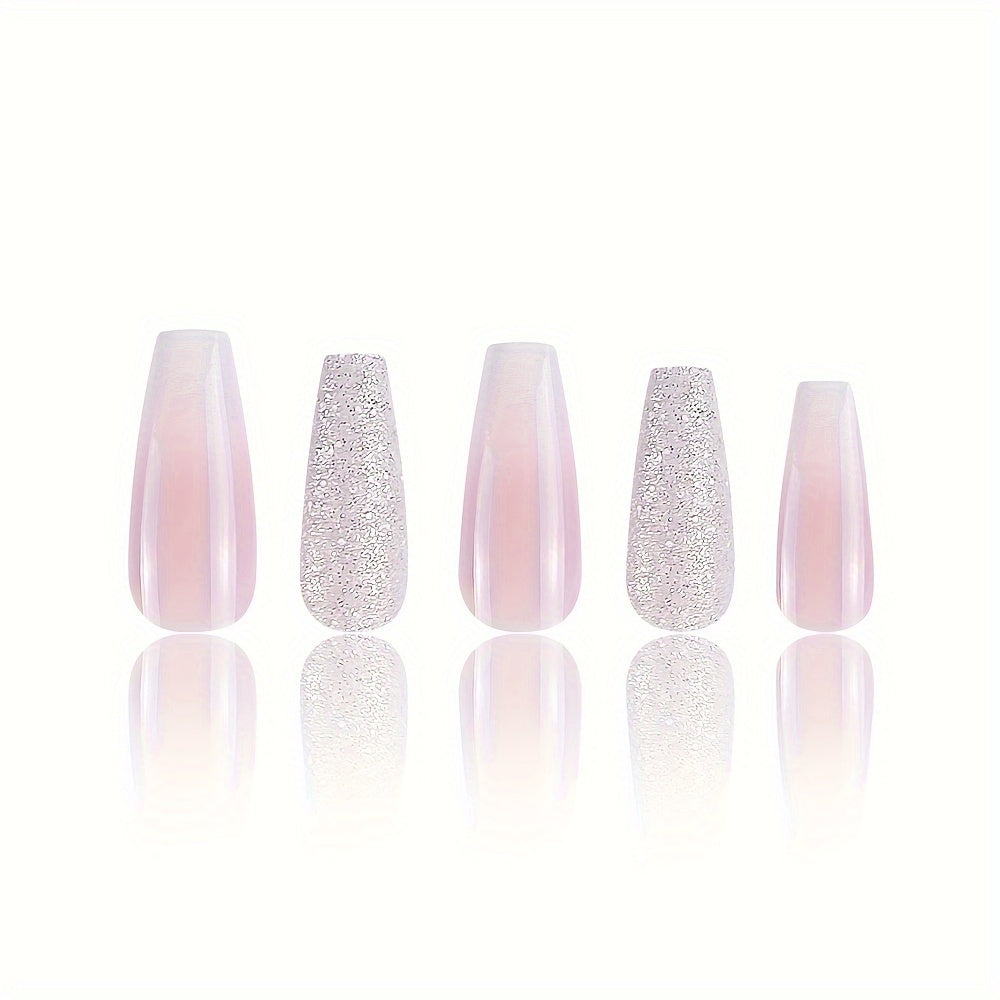 24 Pcs Glossy Long Coffin Press-On Nails - Gradient Pinkish & White French Style, Glitter, Reusable