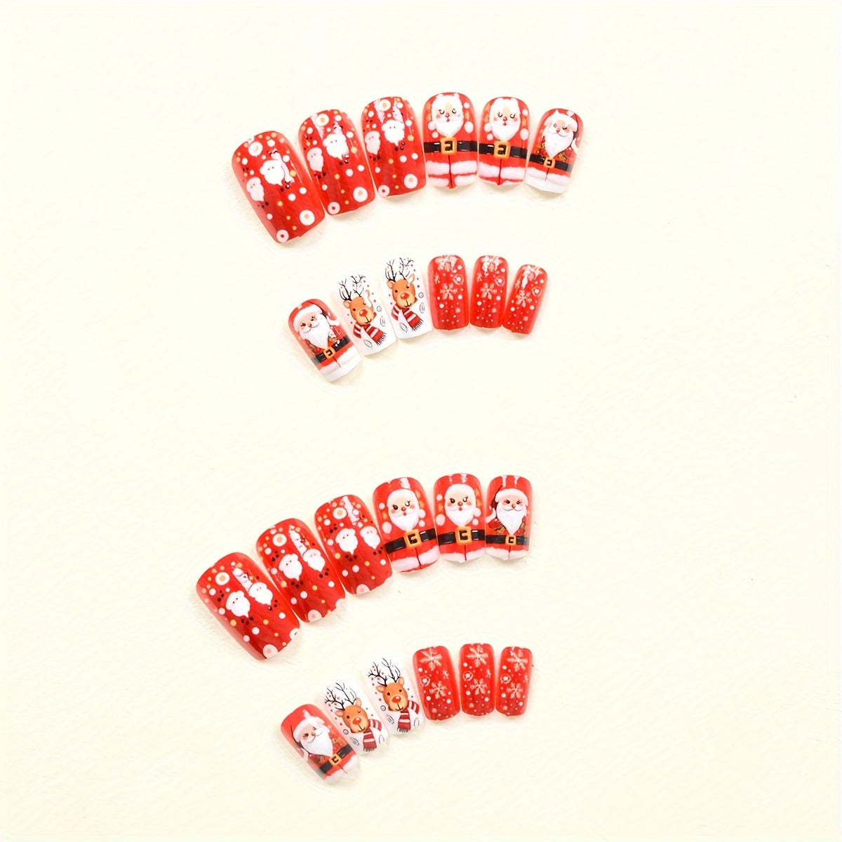 24-Piece Christmas Themed Press-On Nails Set – Middle-Length Square Shaped with Cartoon Santa & Reindeer Designs, Mixed Color System, Glossy Finish – Includes Jelly Glue & Nail File for Parties and Daily Use