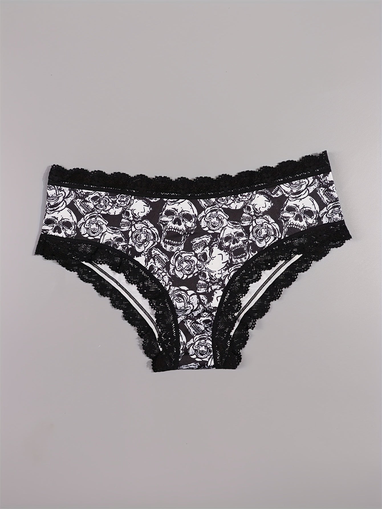 10pcs Women's Gothic Chic Low-Rise Bikini Panties - Sexy Lace Trim, Skull & Star Prints, Comfortable Hipster