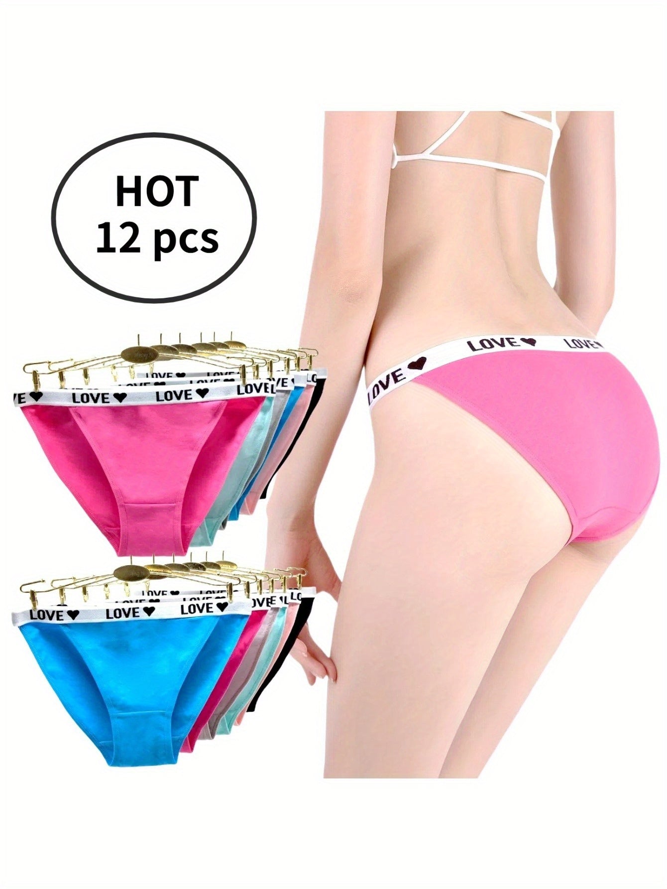 12-Pack Women's Underwear Set: Breathable Triangle Panties & Letter Thong, Mix & Match