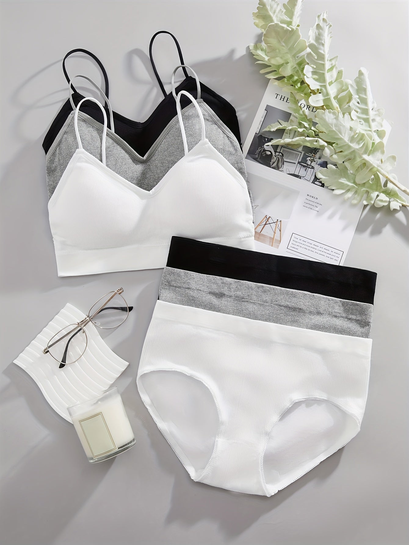 3 Sets Women's Solid Ribbed Push Up Bra & Elastic Panties Lingerie Underwear Set
