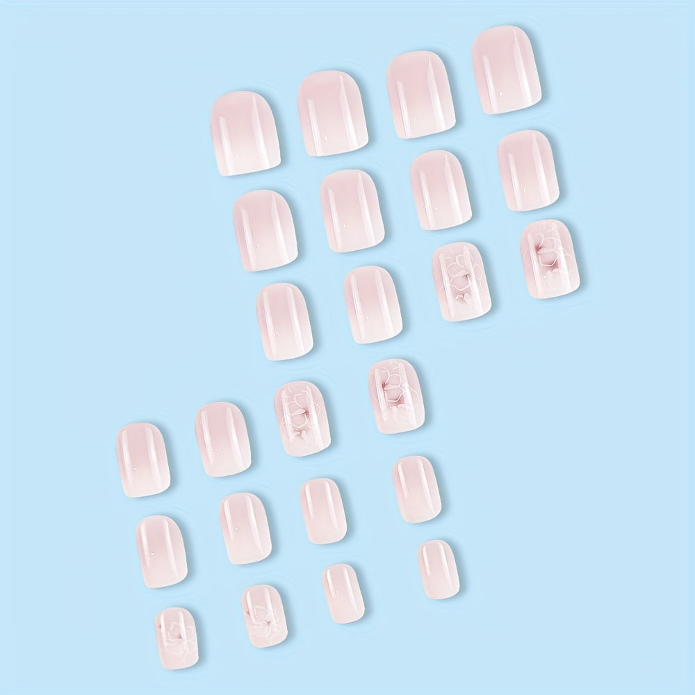 24Pcs/set Glossy Short Oval Press On Nails White And Pinkish Gradient Style False Nails With Flower Pattern Reusable Acrylic Fake Nails