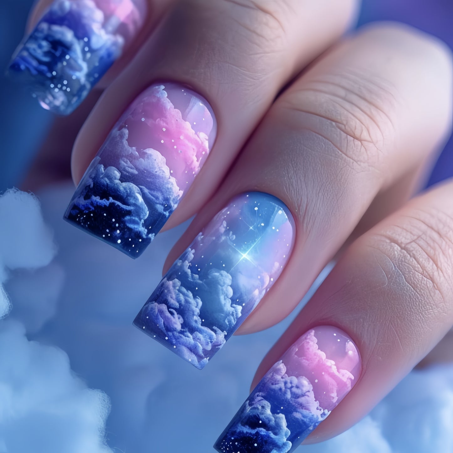 96pcs Press-On Nail Set - Blue Lightning & Aurora Clouds Design, Medium Ballet Shape, Glossy Finish - Includes Adhesive Tabs & Nail File
