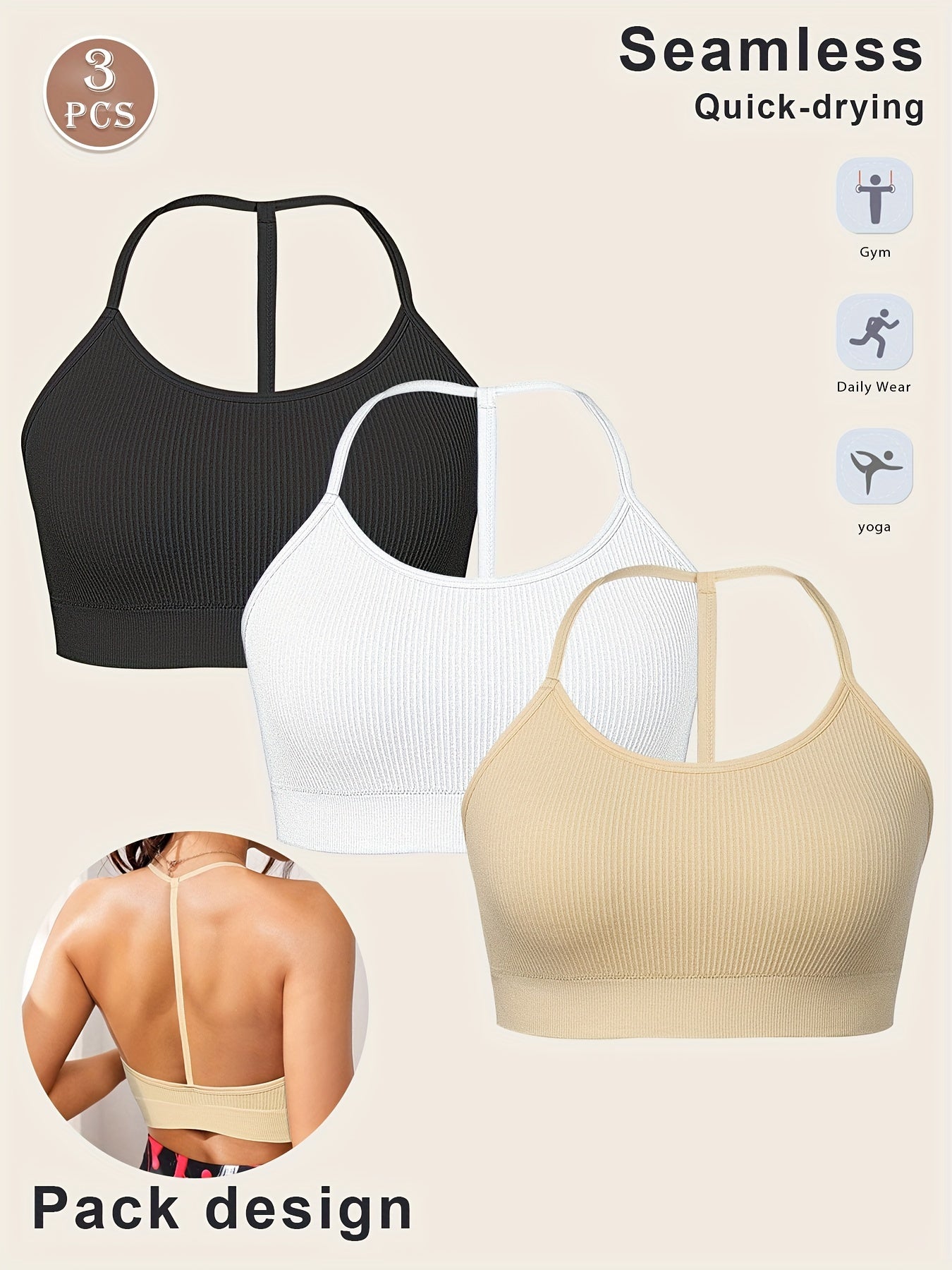 3 Pcs Striped Fitness Tank Top Camisole Bra Set
