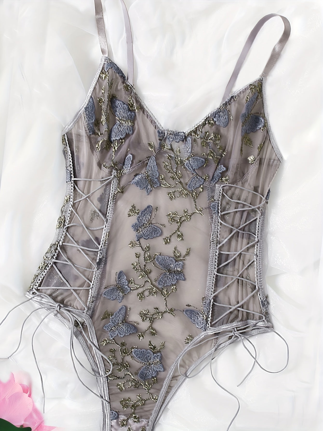 Intimate Butterfly Embroidered Strappy Teddy Bodysuit - Womens Sexy Lingerie with Deep V & Sheer Mesh