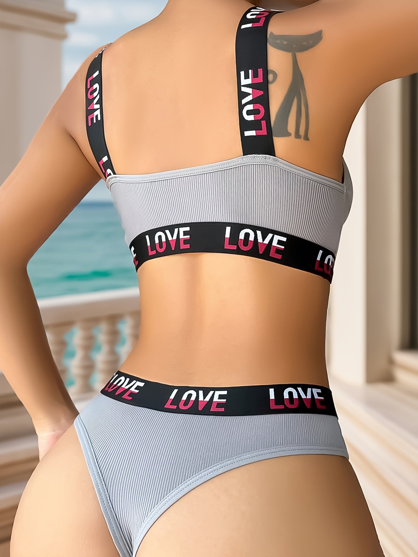 Letter Tape Ribbed Bra & Panties, Sports Bra & Elastic Panties Lingerie Set, Women's Lingerie & Underwear
