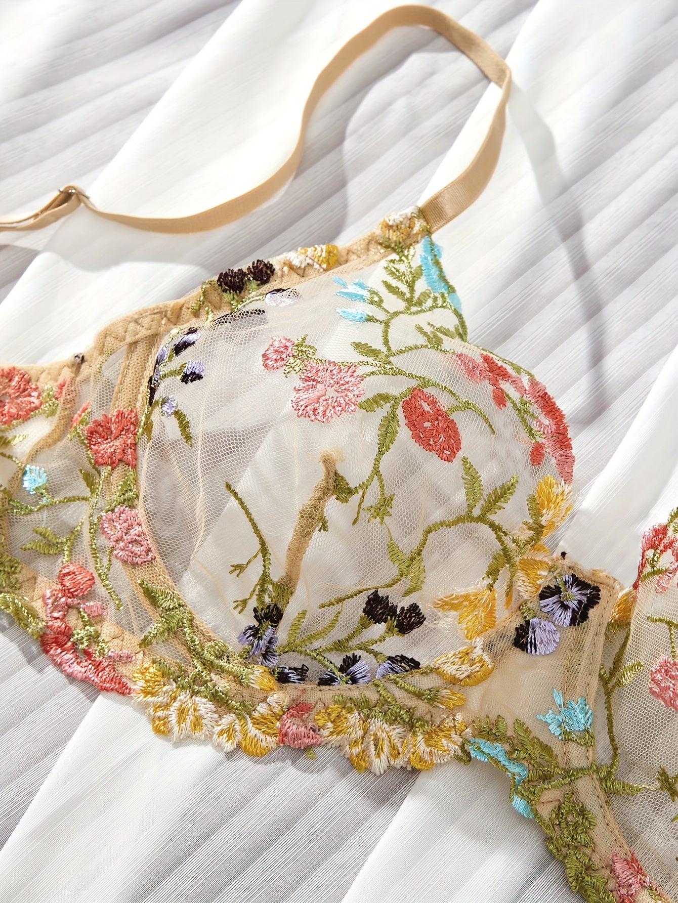 Floral Embroidery Lingerie Set - Sexy Sheer Unlined Bra & Mesh Thong for Women