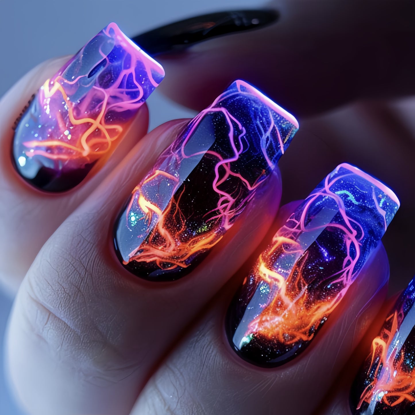 96pcs Press-On Nail Set - Blue Lightning & Aurora Clouds Design, Medium Ballet Shape, Glossy Finish - Includes Adhesive Tabs & Nail File
